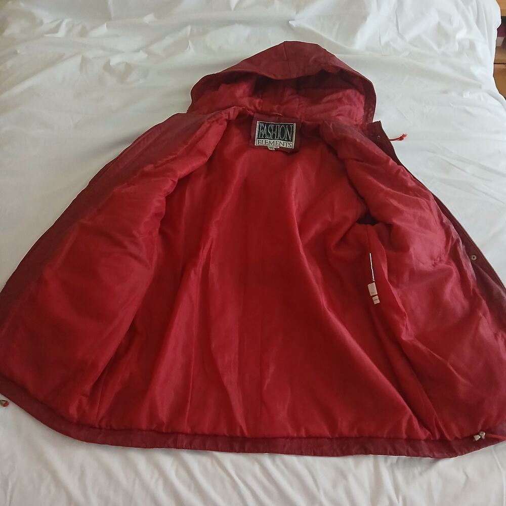 Fashion Elements Coat Women XL Red 100% Leather Casual Hooded Motorcycle 90's - Picture 8 of 16